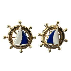 Vtg Avon Sailboat Earrings Heim Frame  1 1/4" Blue & Ivory Enamel Gold Circle
